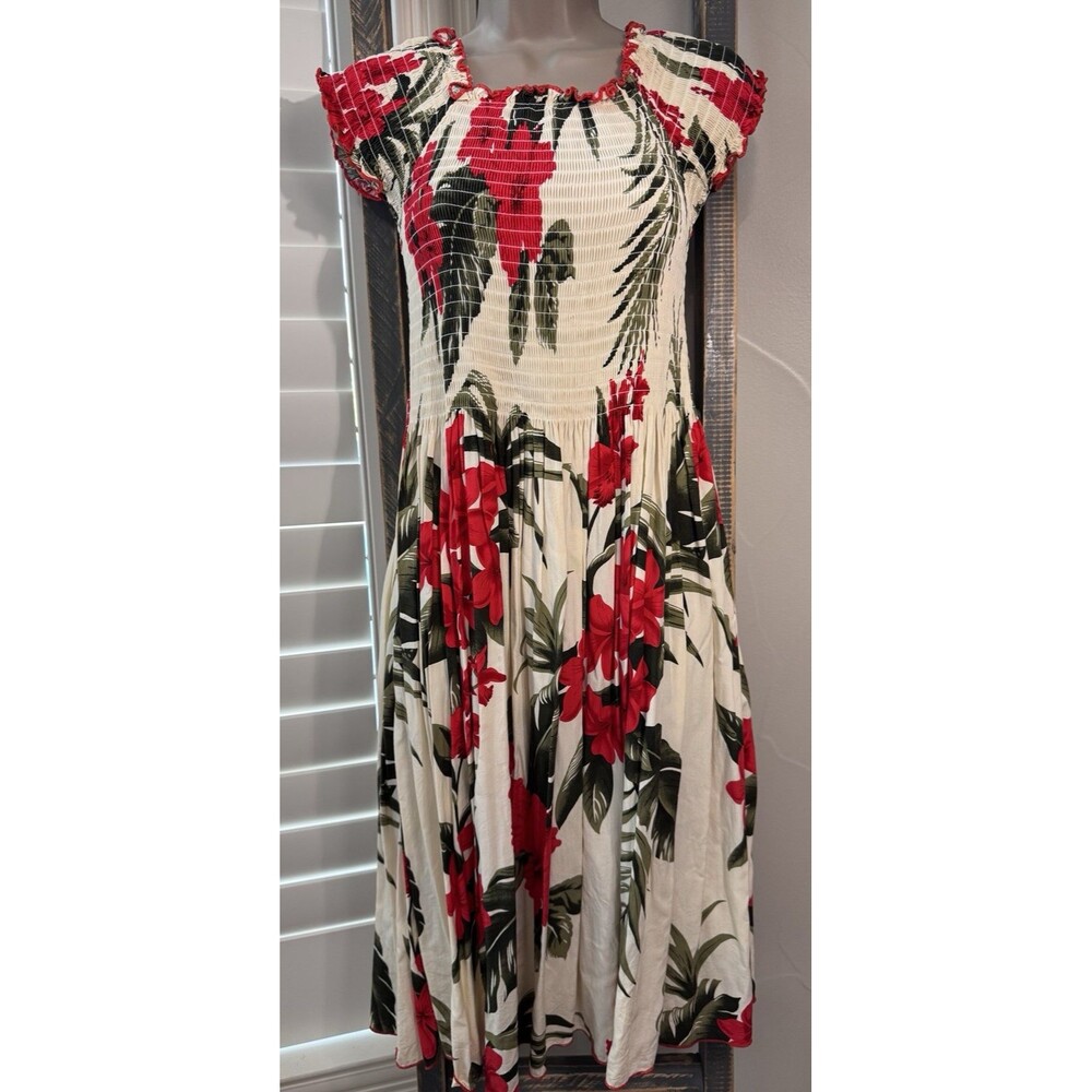 SMOCKED HAWAIIAN PRINT SUMMER DRESS with pockets, ONE SIZE